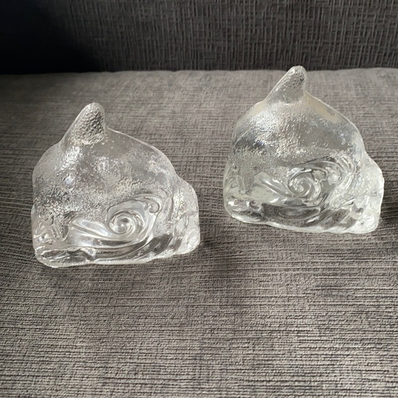 Pair retired PartyLite clear dolphin glass holders